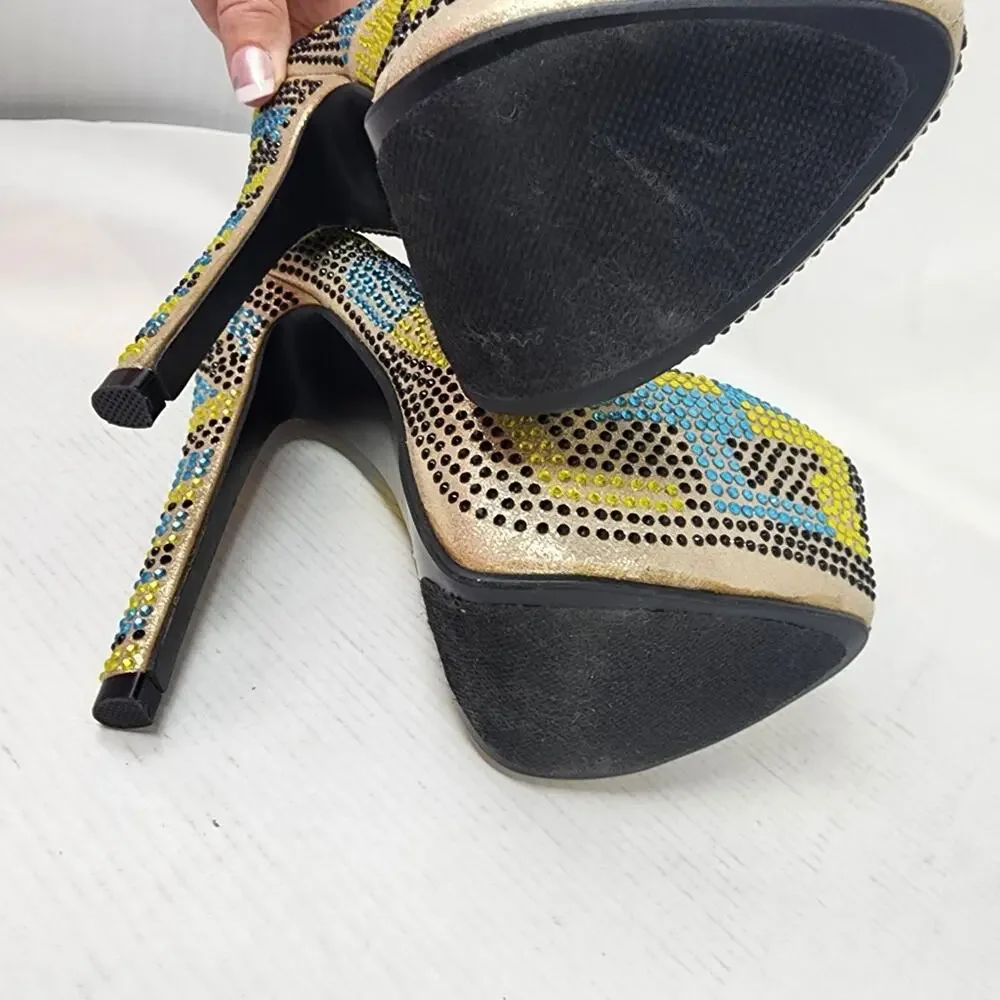 Machi Estina Rhinestine Stilettos Platform Heels Yellow‎ Black Blue Party Sz 5.5